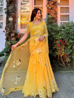 Designer Yellow Soft Georgette Lehenga Saree with Pearl & Floral Print Work