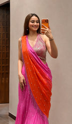Pink & Orange Fish Cut Lehenga Saree with Real Mirror Work