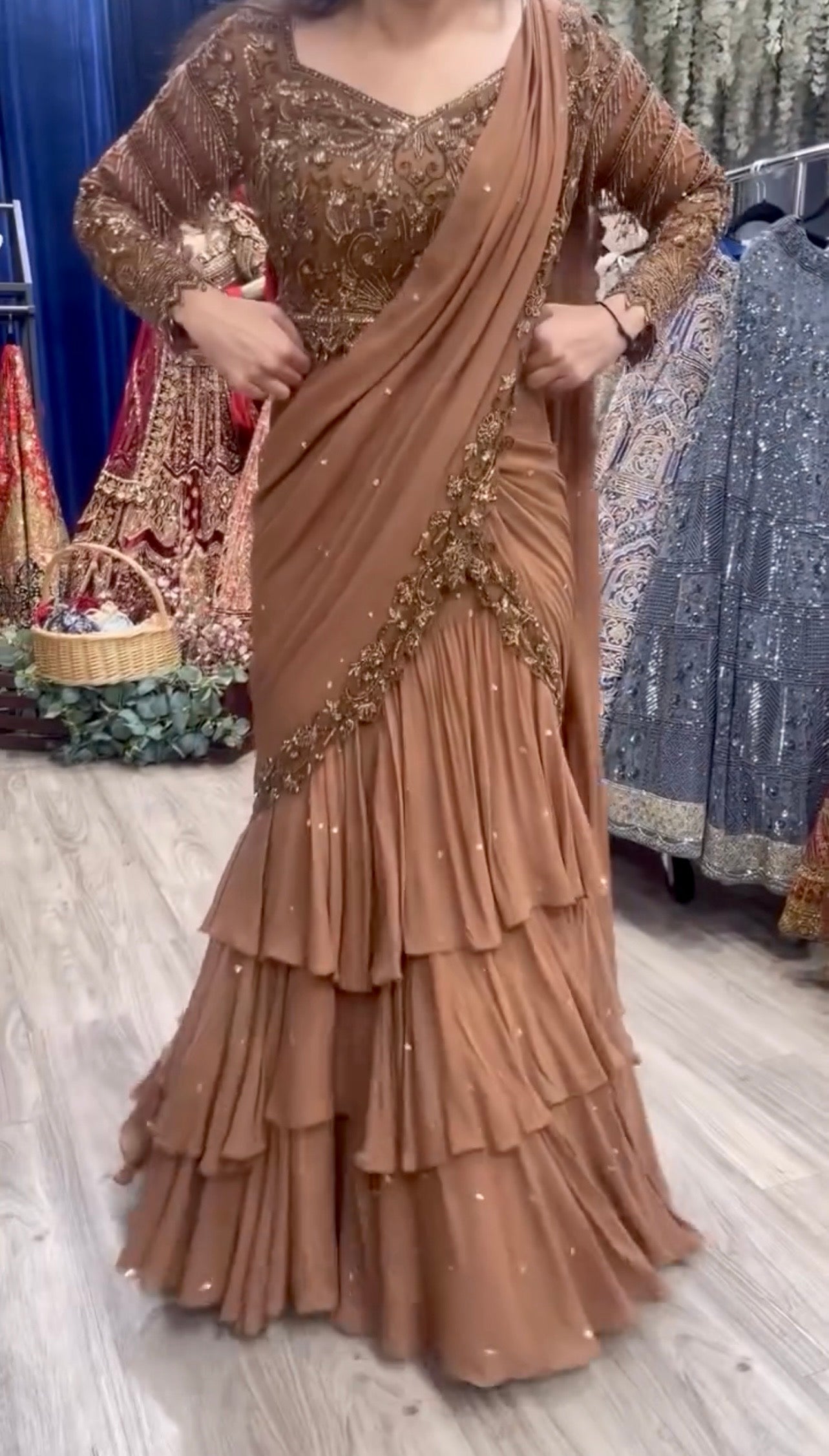 Brown (Chocolate) Georgette Ready-to-Wear Lehenga Saree with Beads Work