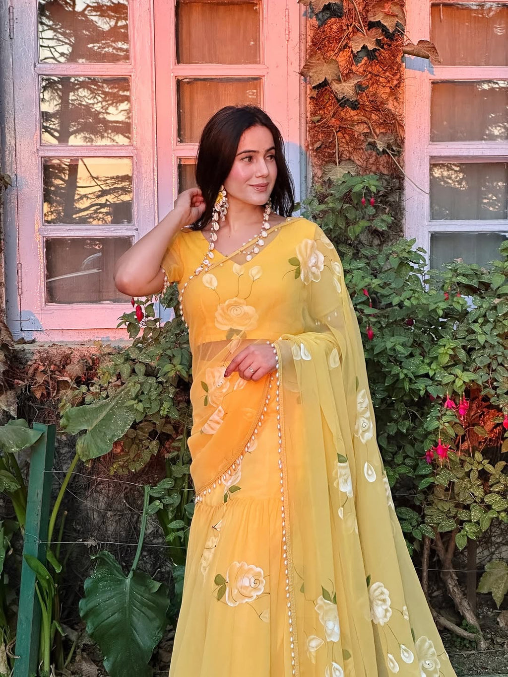 Designer Yellow Soft Georgette Lehenga Saree with Pearl & Floral Print Work