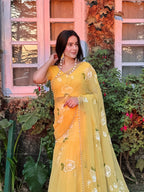 Designer Yellow Soft Georgette Lehenga Saree with Pearl & Floral Print Work