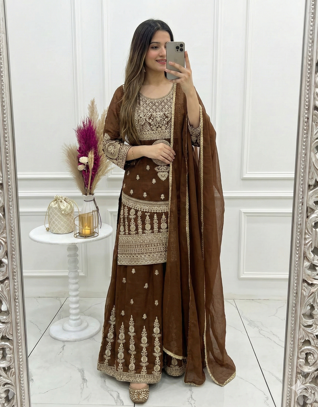 Elegant Chocolate Brown Crunchy Silk Sharara Set with Heavy Dori & Jari Embroidery
