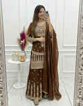 Elegant Chocolate Brown Crunchy Silk Sharara Set with Heavy Dori & Jari Embroidery