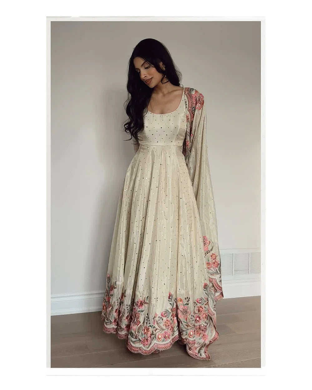 Elegant Off-White Vichitra Silk Anarkali Gown with Floral Sequin Embroidery