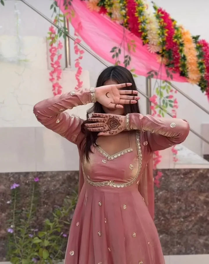 Dusty Rose Embroidered Slit Anarkali Suit Set with Dupatta