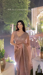 Golden Sequin Embroidered Soft Net Saree with Unstitched Blouse