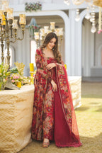 Wine Red Floral Printed Soft Georgette Anarkali Suit Set with Organza Dupatta