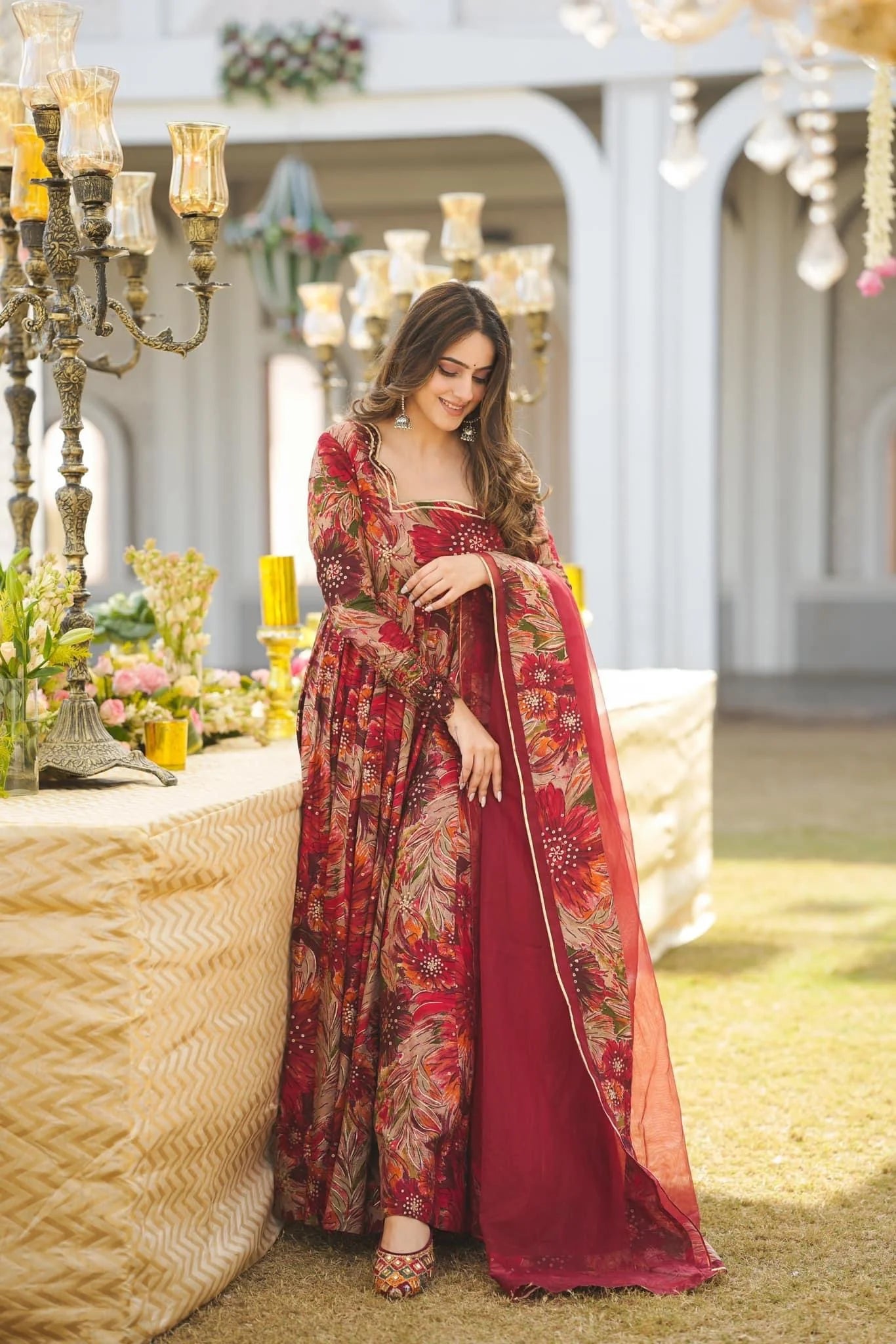 Wine Red Floral Printed Soft Georgette Anarkali Suit Set with Organza Dupatta