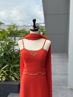 Flame Red Georgette Fishcut Skirt Set with Diamond Work Blouse & Dupatta