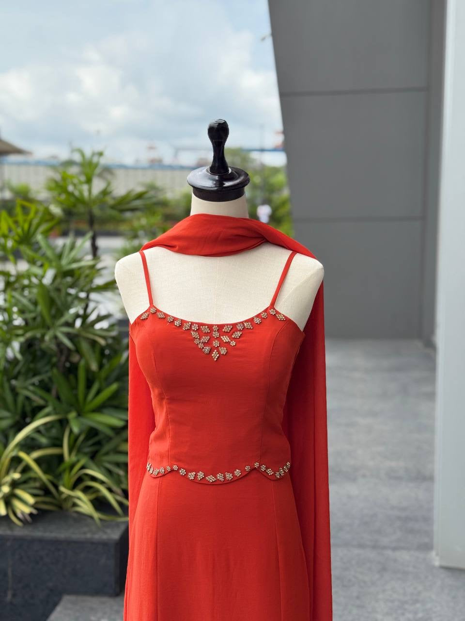 Flame Red Georgette Fishcut Skirt Set with Diamond Work Blouse & Dupatta