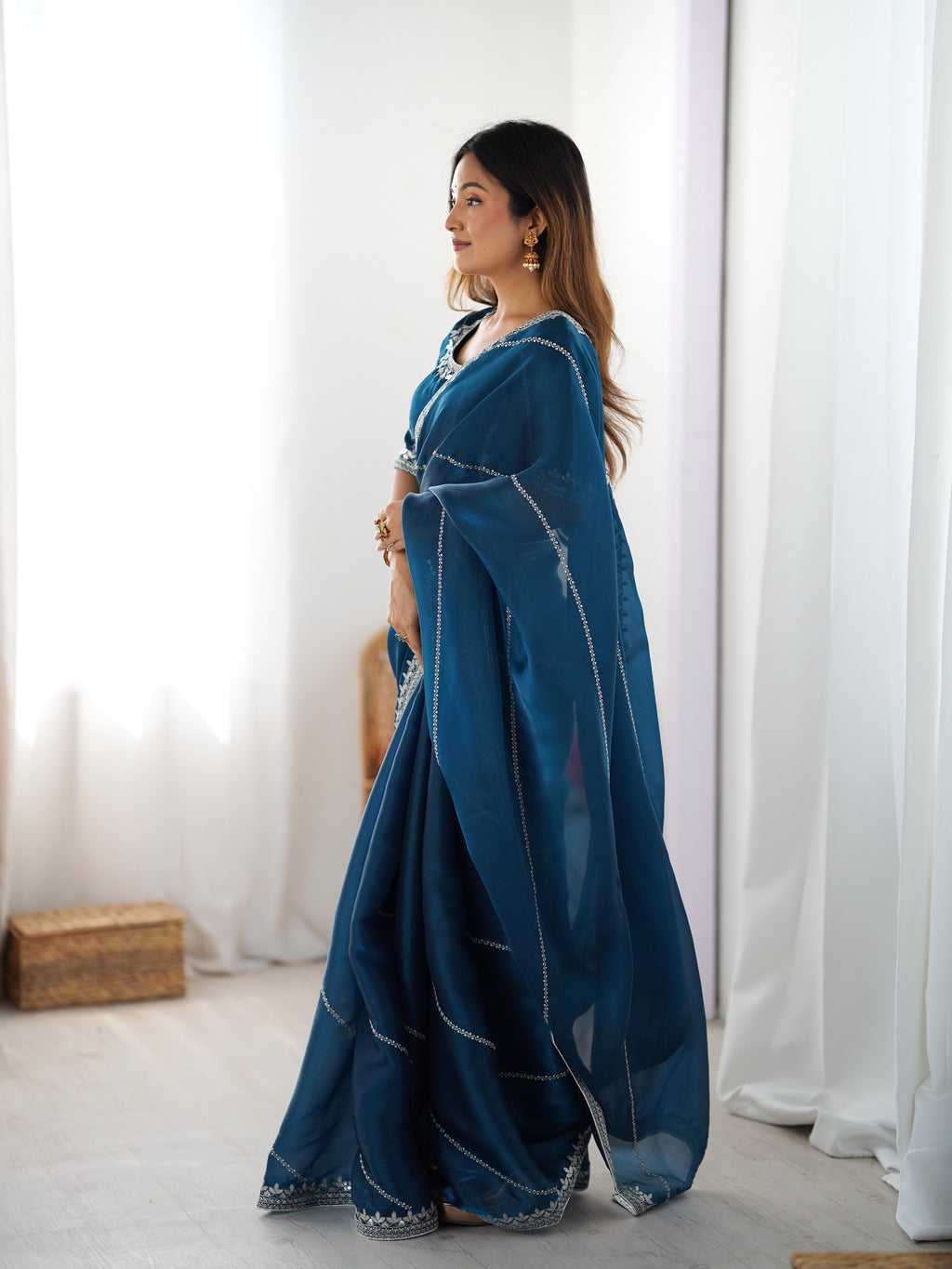 Exquisite Teal Blue Heavy JMC Silk Saree with Thread & Sequins Embroidery