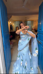 Designer Sky Blue Soft Georgette Ready-to-Wear Lehenga Saree with Floral Print & Pearl Lace Border