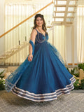 Designer Royal Blue Fendy Silk Gown with Pant Set & Net Dupatta