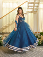 Designer Royal Blue Fendy Silk Gown with Pant Set & Net Dupatta