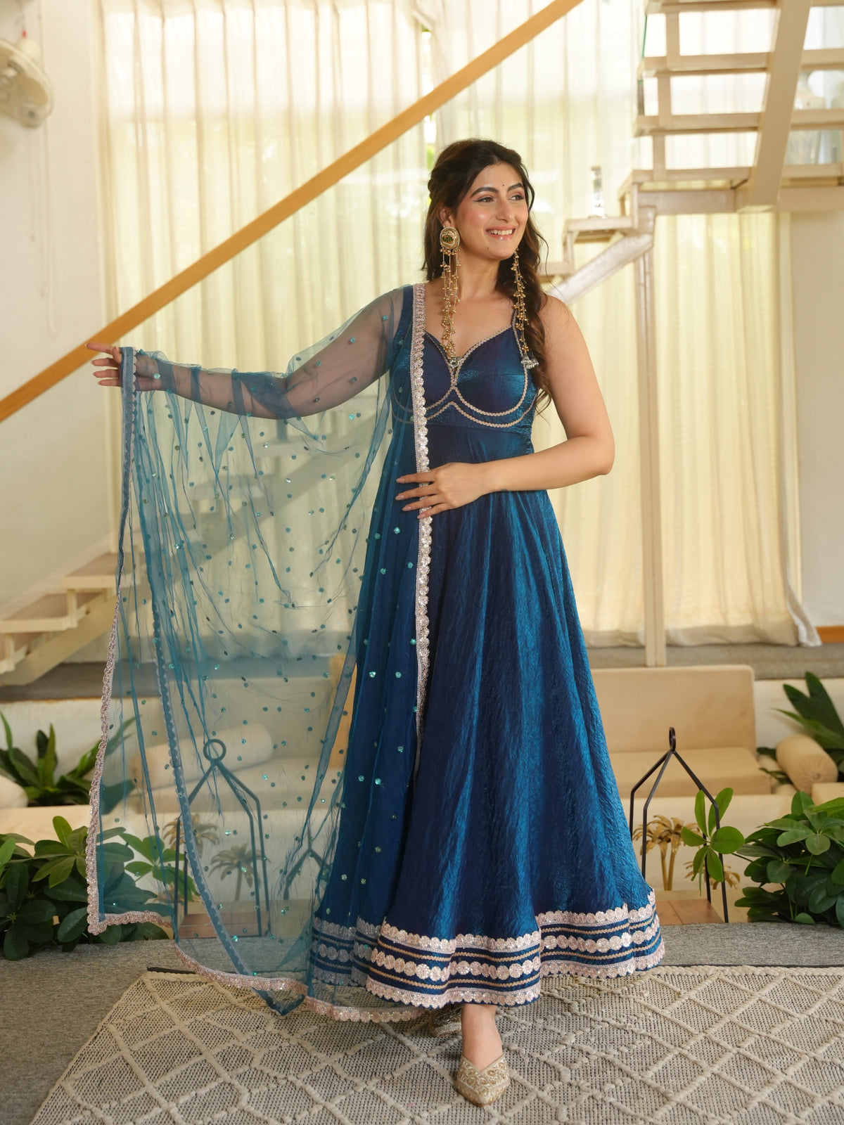 Designer Royal Blue Fendy Silk Gown with Pant Set & Net Dupatta