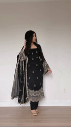 Elegant Faux Georgette Embroidered Straight Kurta Pant Set with Dupatta