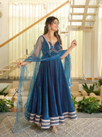 Designer Royal Blue Fendy Silk Gown with Pant Set & Net Dupatta