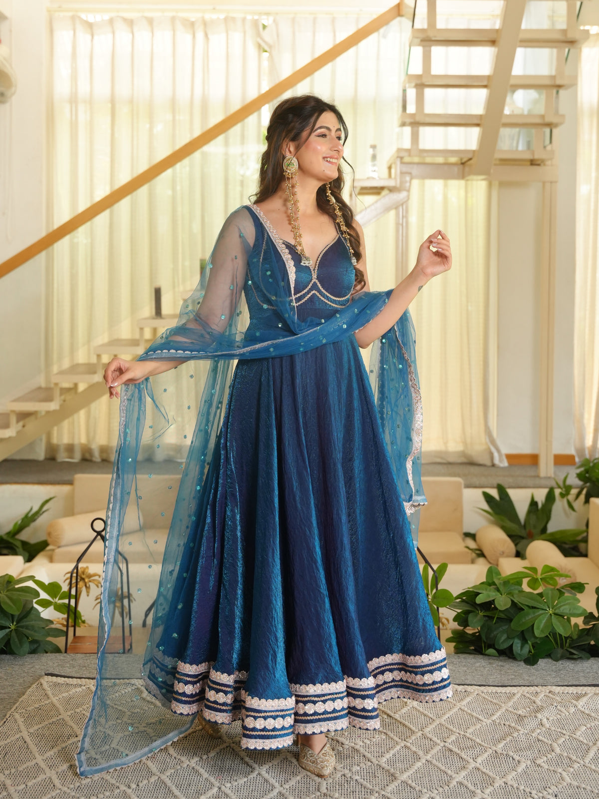 Designer Royal Blue Fendy Silk Gown with Pant Set & Net Dupatta