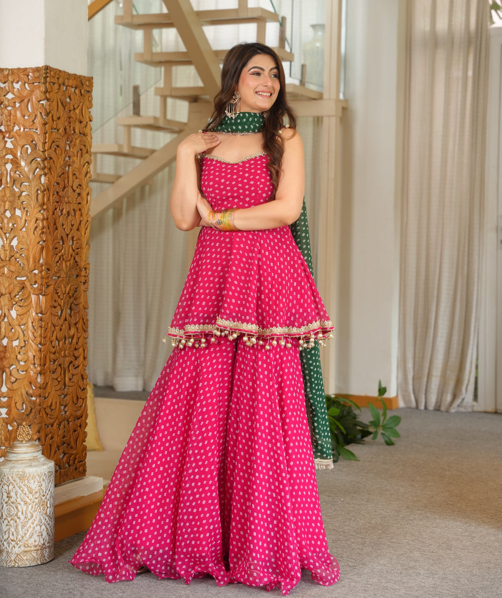 Pink Bandhani Print Fully Stitched Suit Sharara Set with Green Dupatta