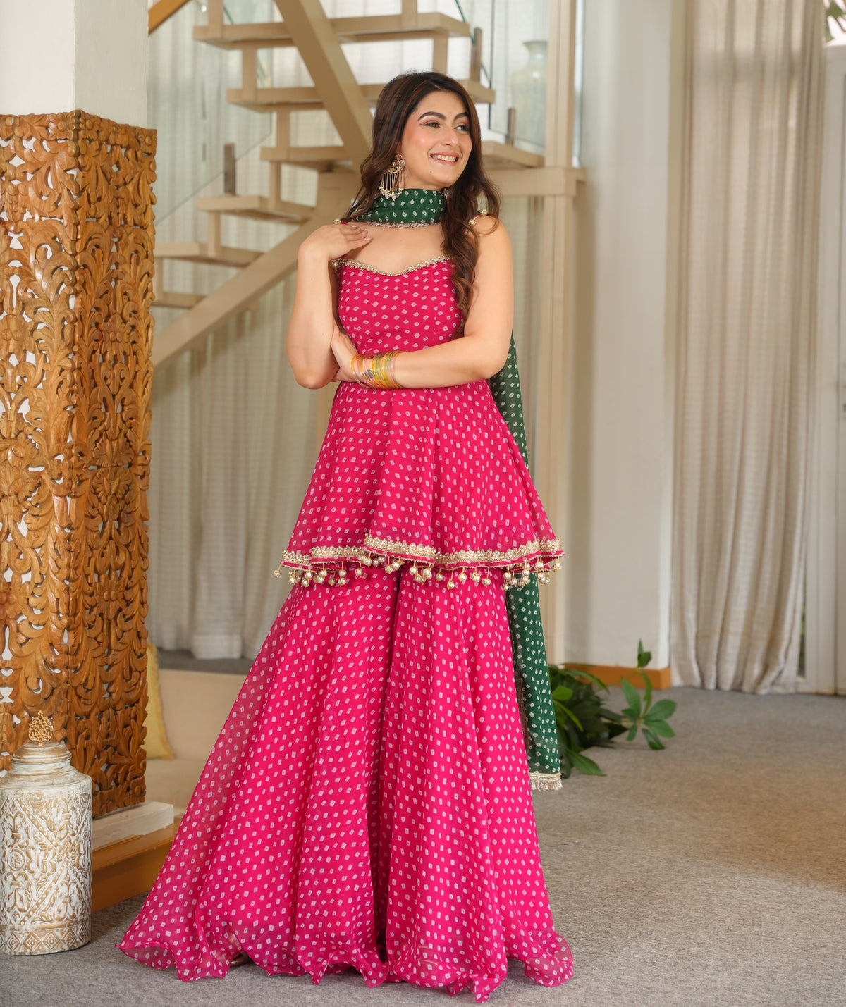 Pink Bandhani Print Fully Stitched Suit Sharara Set with Green Dupatta