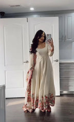 Elegant Off-White Vichitra Silk Anarkali Gown with Floral Sequin Embroidery