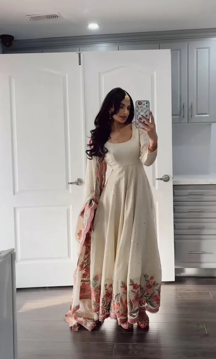 Elegant Off-White Vichitra Silk Anarkali Gown with Floral Sequin Embroidery