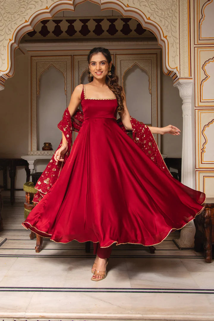 Elegant Soft Georgette Anarkali Gown Set with Sequins Dupatta & Pants