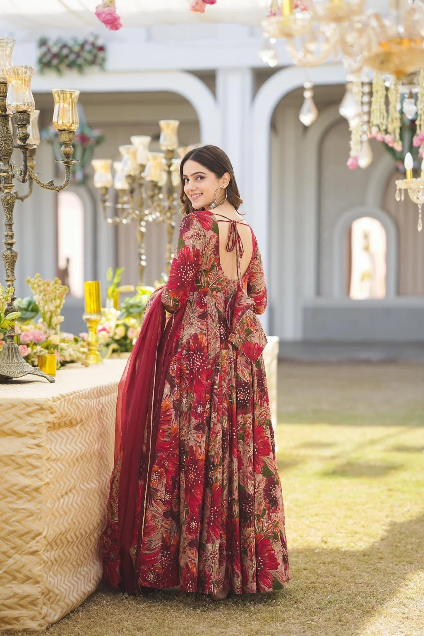 Wine Red Floral Printed Soft Georgette Anarkali Suit Set with Organza Dupatta