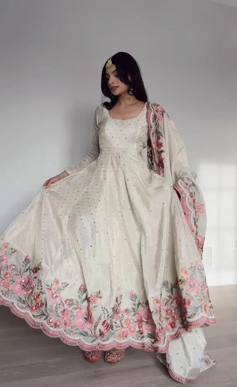 Elegant Off-White Vichitra Silk Anarkali Gown with Floral Sequin Embroidery