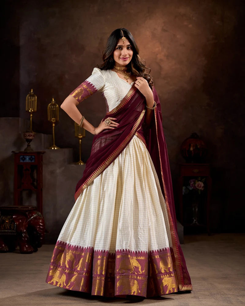 White & Maroon Checks Lehenga Choli with Zari Weaving Work