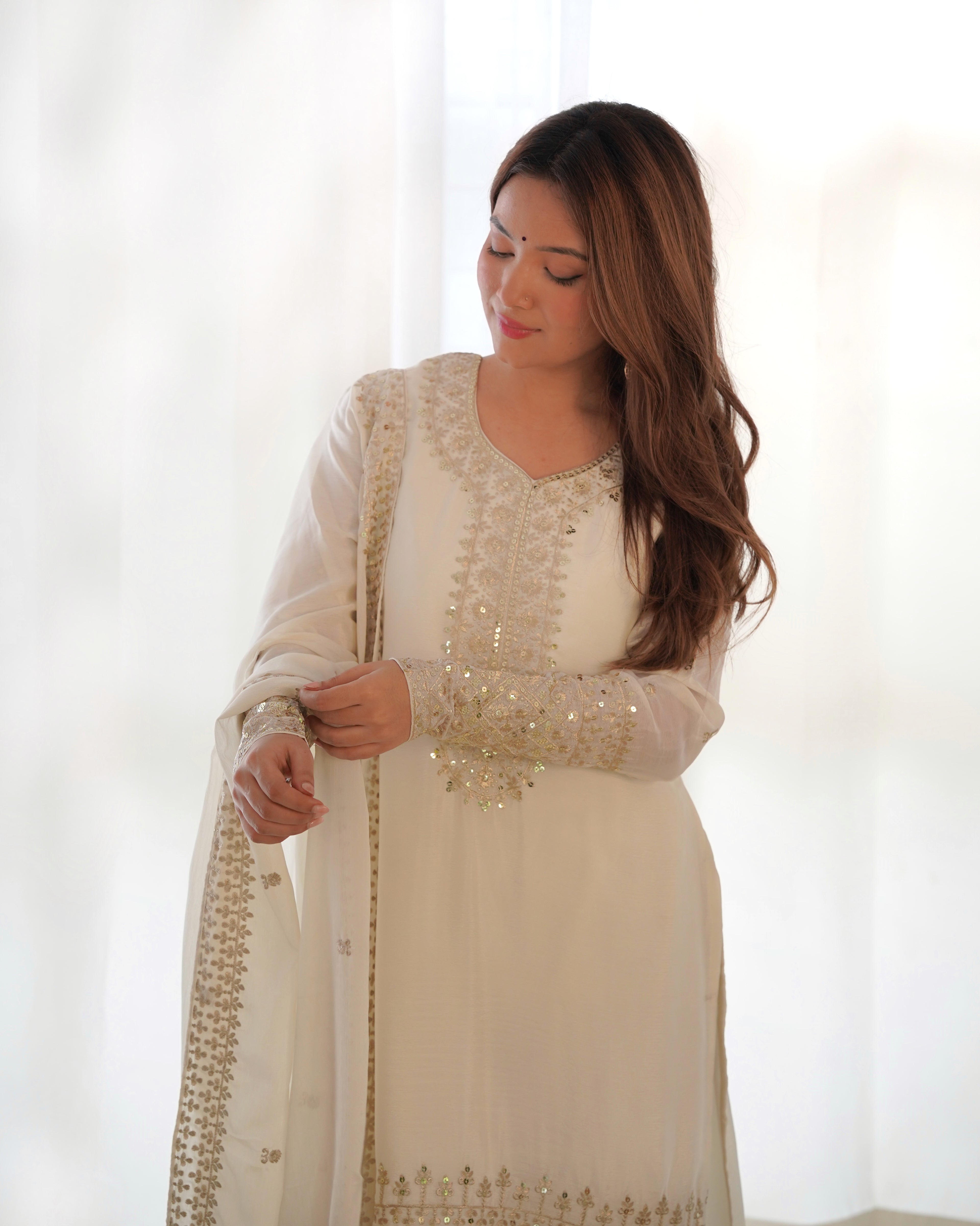 Ivory Pure Chinon Silk Straight Fit Kurta Set with Embroidery, Zari Work & Dupatta – Ready to Wear
