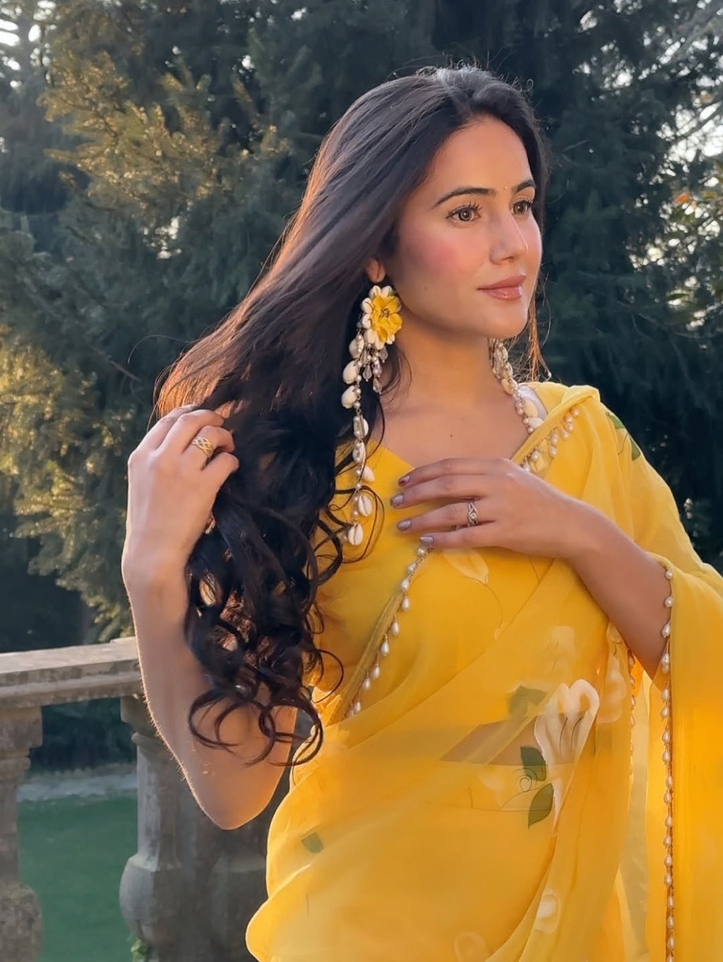 Designer Yellow Soft Georgette Lehenga Saree with Pearl & Floral Print Work