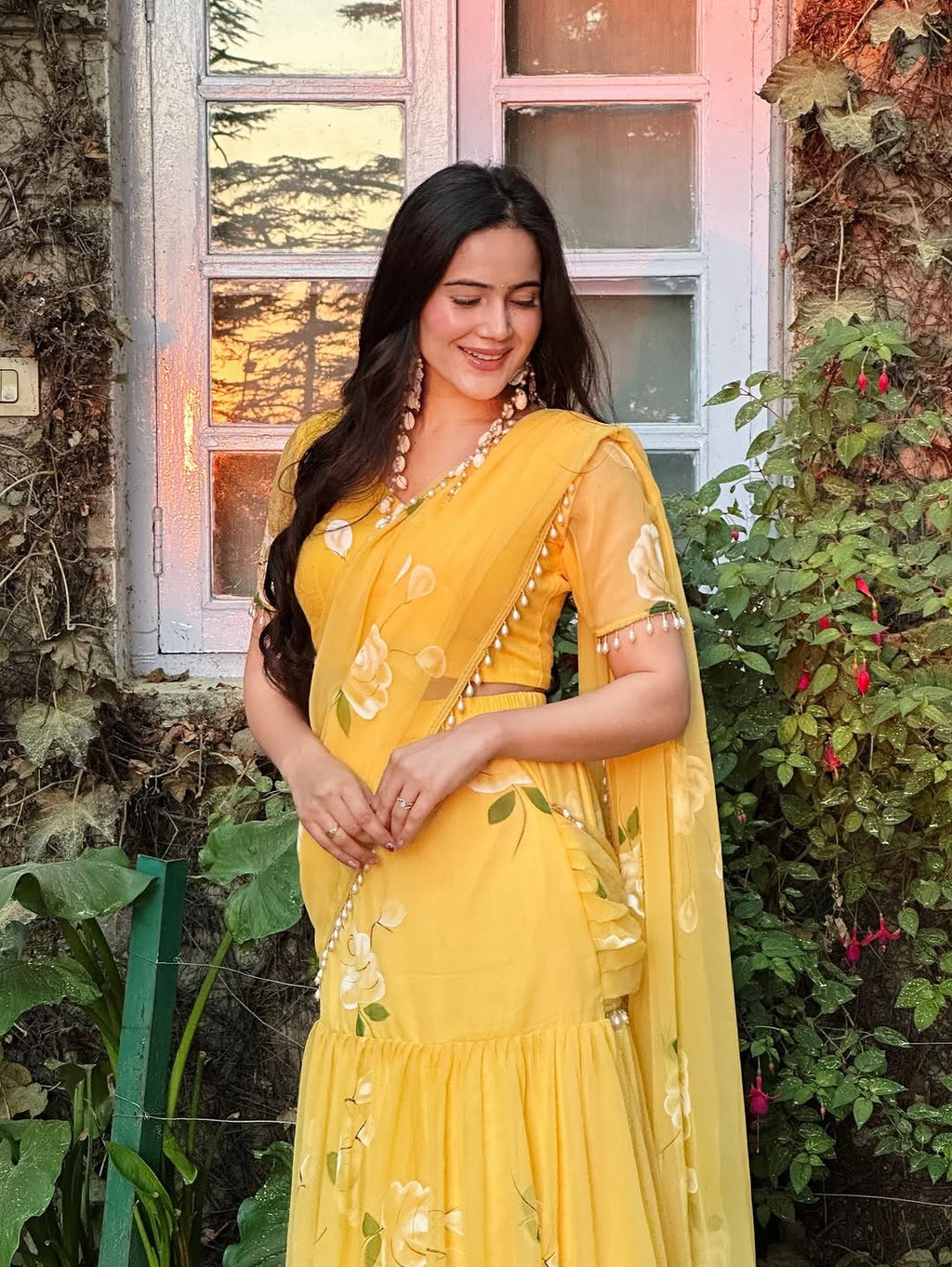Designer Yellow Soft Georgette Lehenga Saree with Pearl & Floral Print Work
