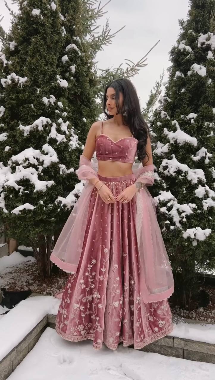 Dusty Rose Japan Satin Designer Lehenga Choli with Coding Dori Sequence Work & Butterfly Net Dupatta
