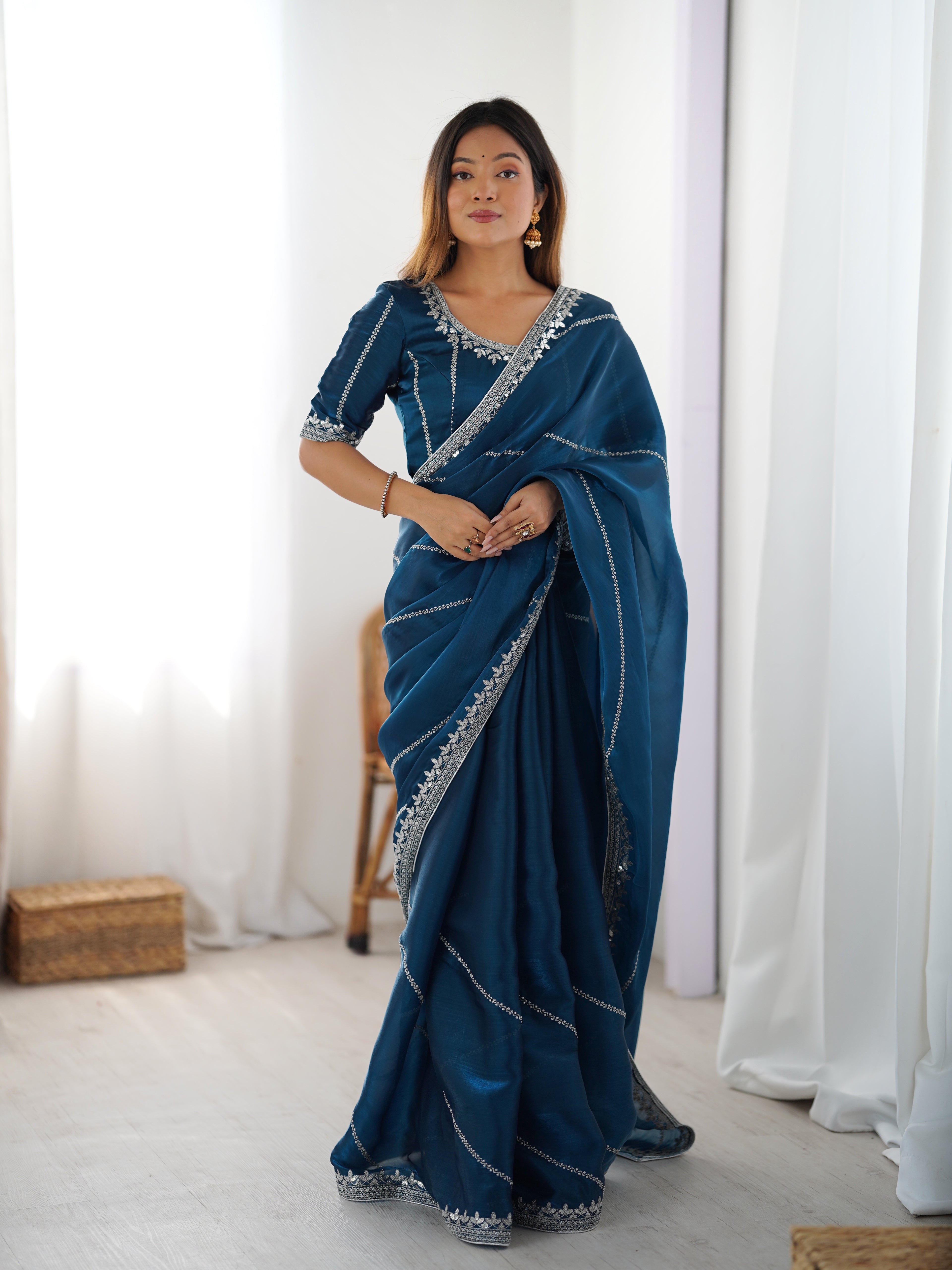 Exquisite Teal Blue Heavy JMC Silk Saree with Thread & Sequins Embroidery