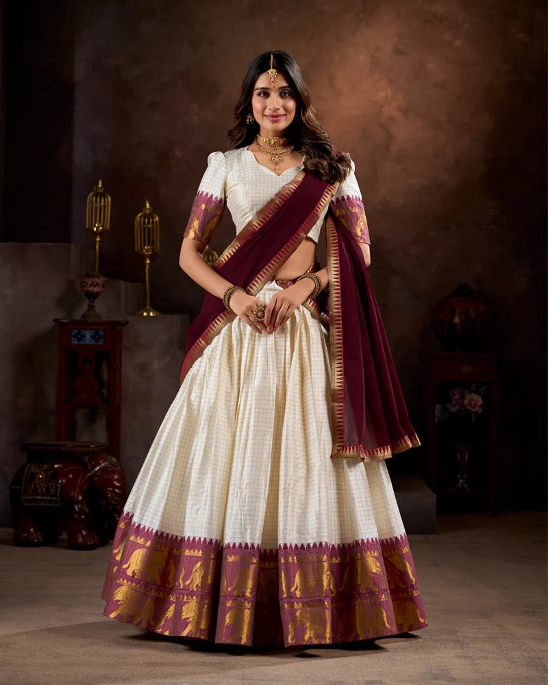 White & Maroon Checks Lehenga Choli with Zari Weaving Work