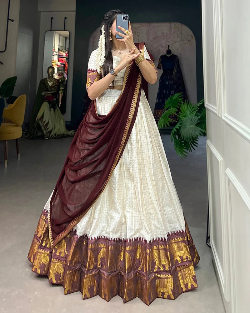 White & Maroon Checks Lehenga Choli with Zari Weaving Work