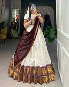 White & Maroon Checks Lehenga Choli with Zari Weaving Work