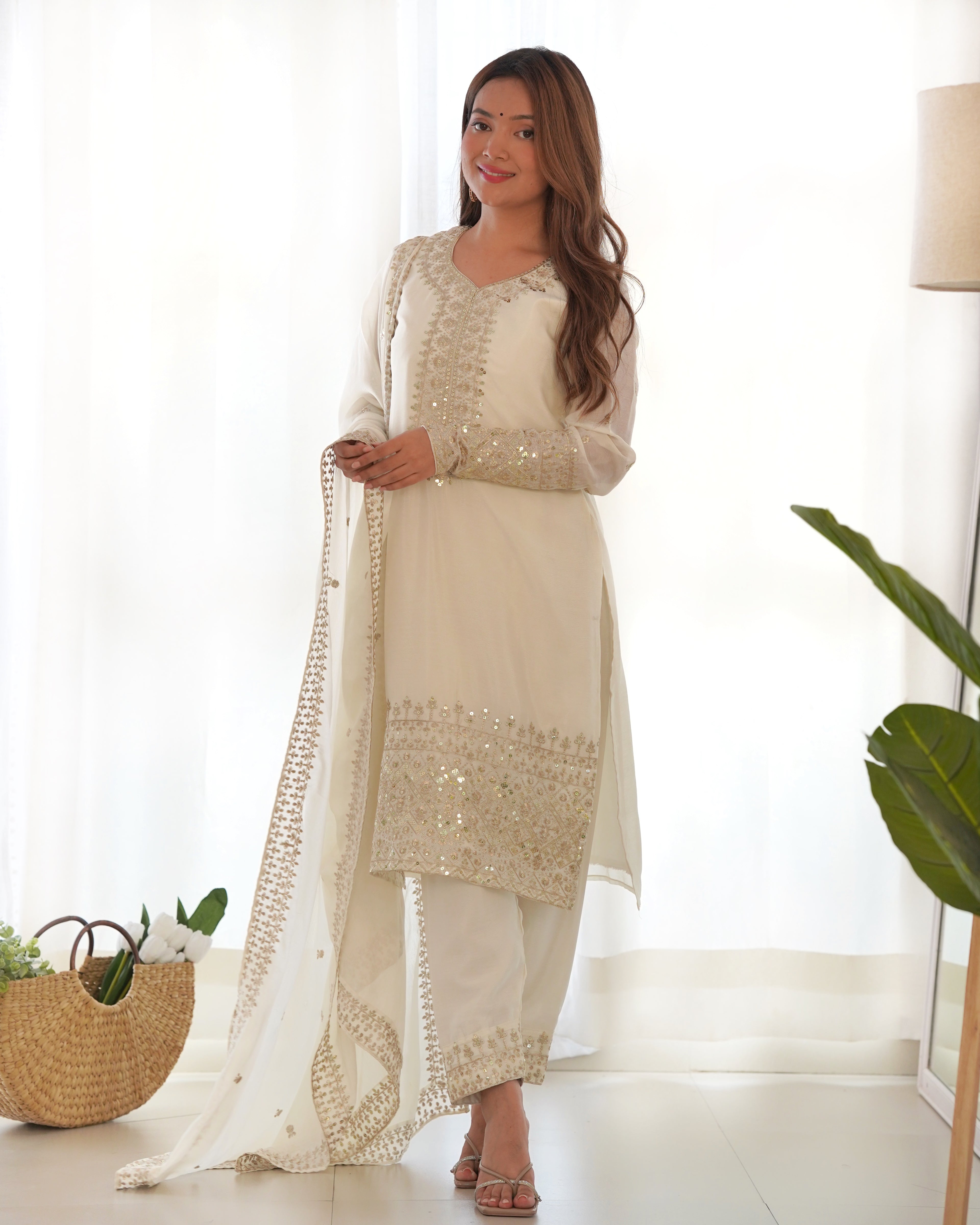 Ivory Pure Chinon Silk Straight Fit Kurta Set with Embroidery, Zari Work & Dupatta – Ready to Wear