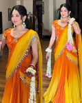 Designer Haldi Georgette Lehenga Saree with Embroidery Sequence & Real Mirror Work Border
