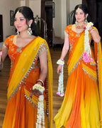 Designer Haldi Georgette Lehenga Saree with Embroidery Sequence & Real Mirror Work Border