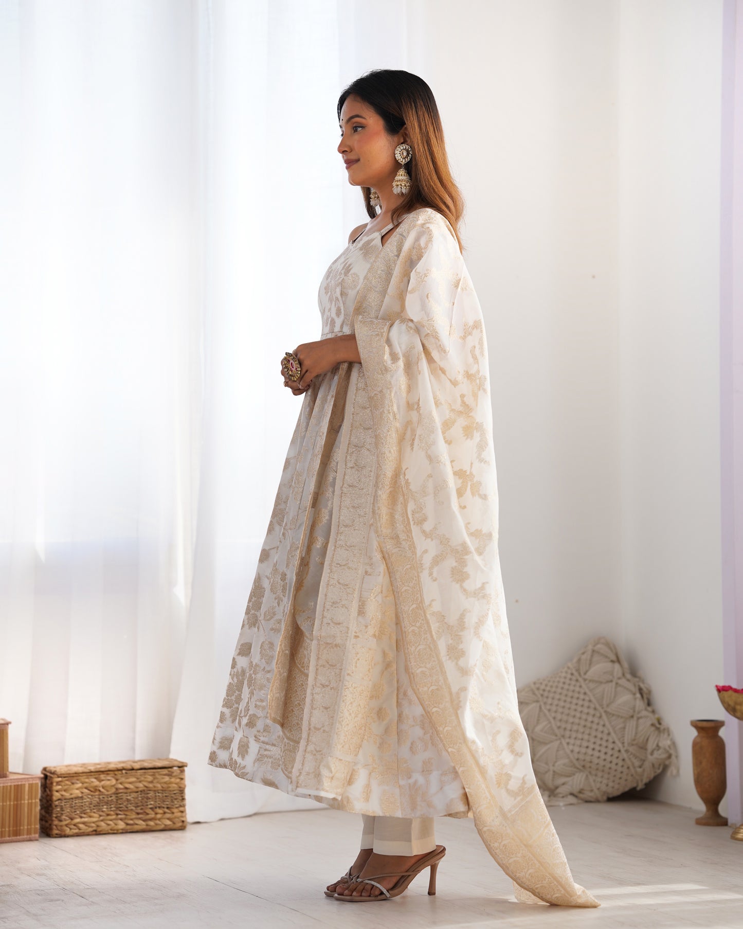 Ivory Banarasi Jacquard Dola Silk Anarkali Suit Set with Dupatta