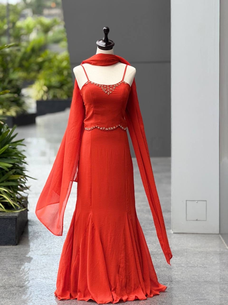 Flame Red Georgette Fishcut Skirt Set with Diamond Work Blouse & Dupatta