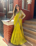 Lemon Lehenga Saree With Beads Hand Work