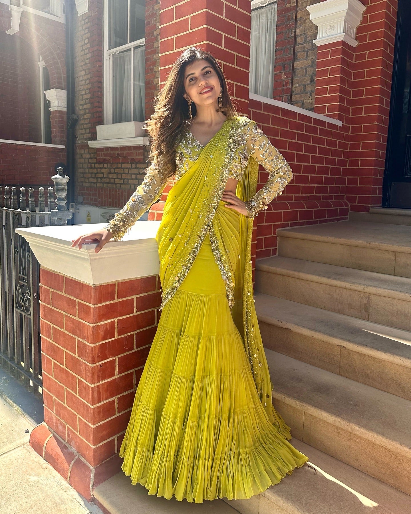 Lemon Lehenga Saree With Beads Hand Work