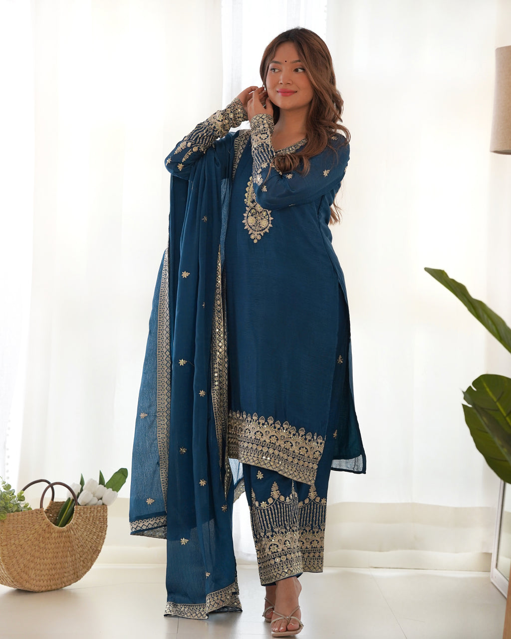 Royal Teal Pure Chinon Silk Embroidered Kurta Set with Dupatta & Trousers