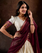 White & Maroon Checks Lehenga Choli with Zari Weaving Work