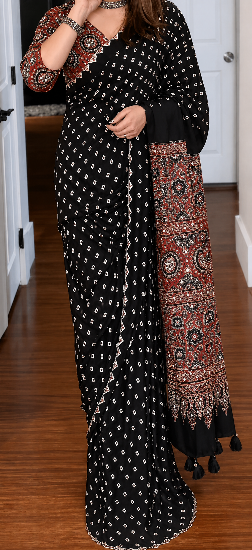 Black Bandhej Saree with Ajrakh Pallu & Real Mirror Work