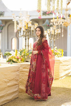 Wine Red Floral Printed Soft Georgette Anarkali Suit Set with Organza Dupatta