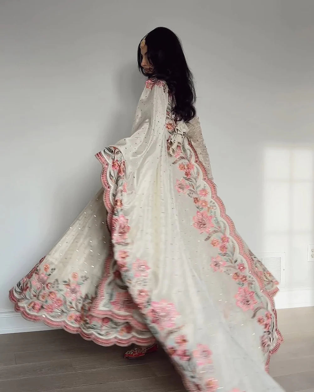 Elegant Off-White Vichitra Silk Anarkali Gown with Floral Sequin Embroidery